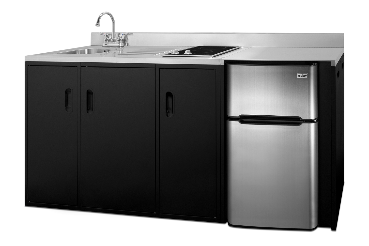 72 inch wide, ADA counter height all-in-one kitchenette in black with a 2-burner 115V smooth top cooktop, 2-door refrigerator-freezer, sink, and three storage cabinets